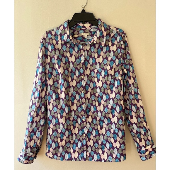Talbots Sz L Purple Leaves Floral Button Roll Tab Long Sleeve Casual Blouse - Picture 1 of 8